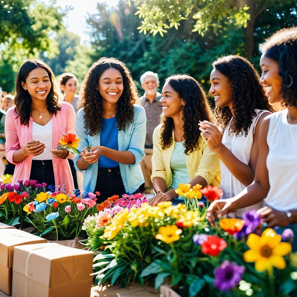 A vibrant community gathering, featuring diverse groups of people joyfully engaging in activities that symbolize happiness and connection, surrounded by colorful products that represent joy, like flowers, arts, and crafts. Bright sunlight filters through the scene, with an uplifting atmosphere radiating positivity. Incorporate elements of nature to symbolize growth and harmony. soft-focus, bright colors, photo-realistic.