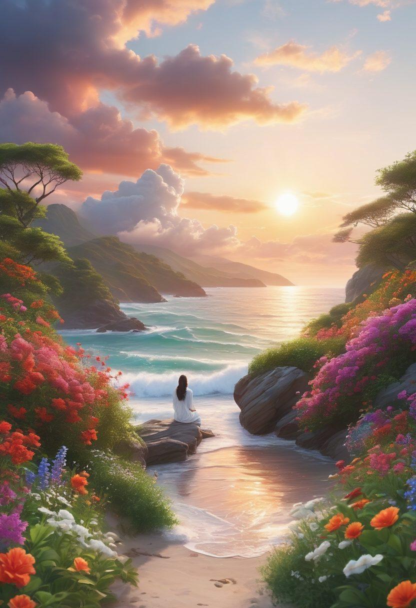 A serene landscape transitioning from a vibrant sunrise symbolizing elation to a calming sunset representing serenity, with soft flowing clouds and gentle waves. Include a meditative figure in the foreground surrounded by lush greenery and blooming flowers, embodying a journey of bliss. super-realistic. vibrant colors. white background.